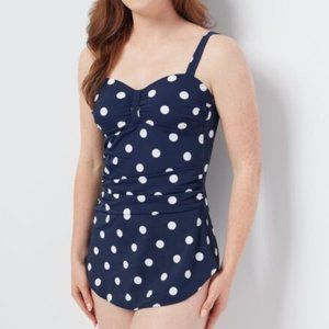 3/$30 18W Denim & Co Navy Polka Dot 1 piece swim suit bathing suit
